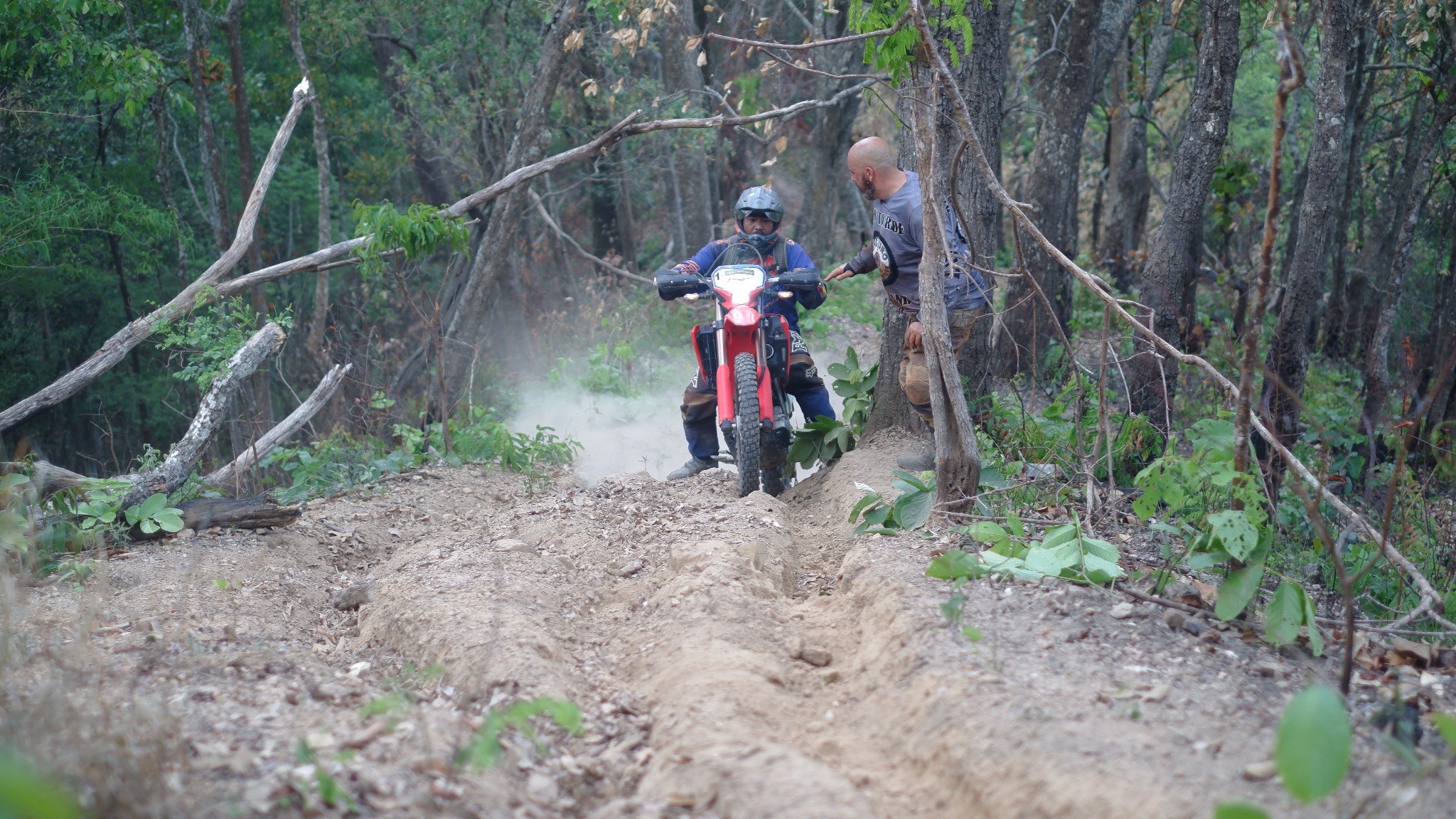 Enduro rider navigating rooted jungle single track in Northern Thailand