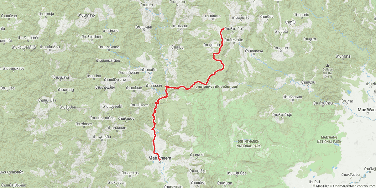The 64 km line from Mae Sa Valley to Mae Chaem, red on the MapTiler outdoor basemap.