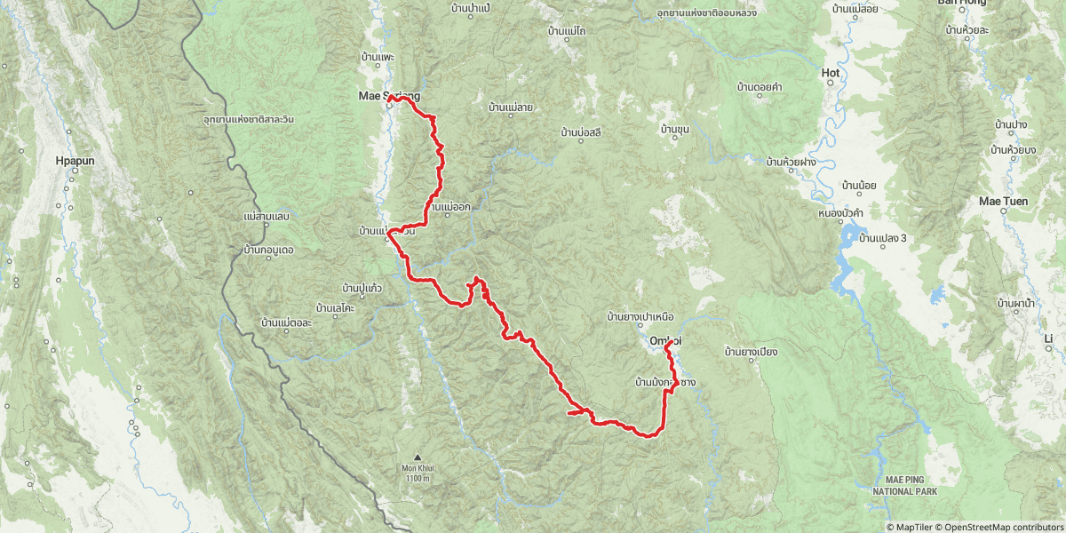 Day 2: Om Koi → Mae Sariang. Shorter on the map than Day 1, but the slowest day of the trip — almost all of it on dirt and ridge roads.