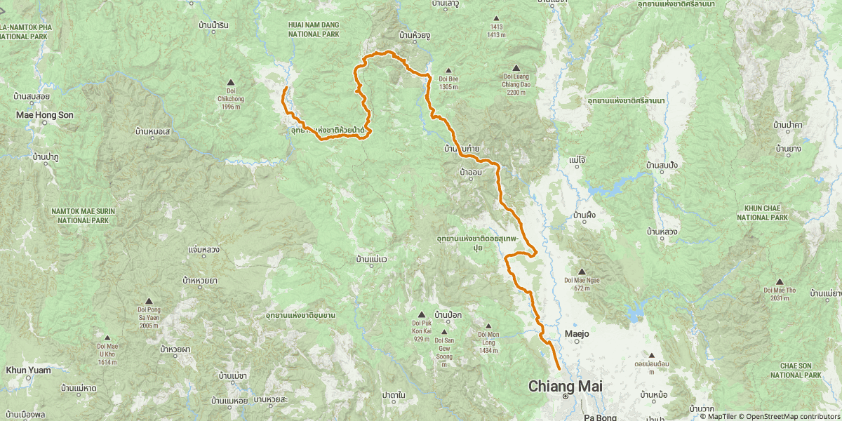 Day 4: Pai → Mae Taeng → Chiang Dao → Chiang Mai. The closing leg, with one last detour through Huai Nam Dang National Park.