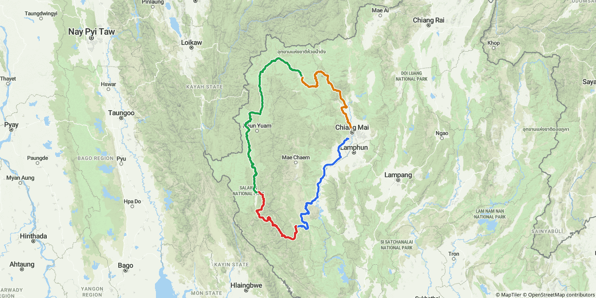 The full 4-day loop — Day 1 (blue), Day 2 (red), Day 3 (green), Day 4 (orange). About 860 km total.