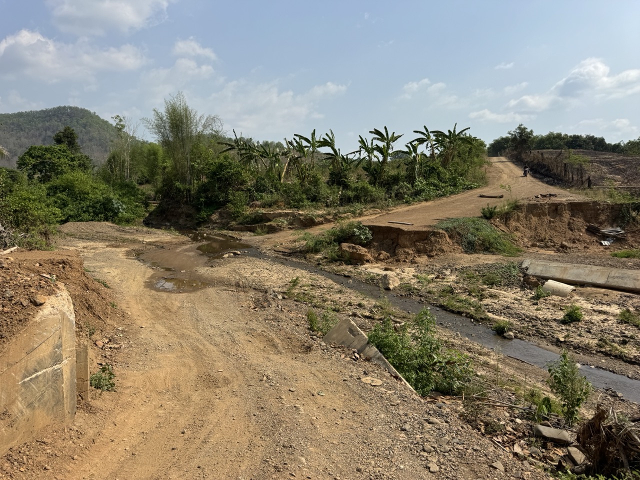 Eroded track through banana trees — typical Mae La Noi village riding.