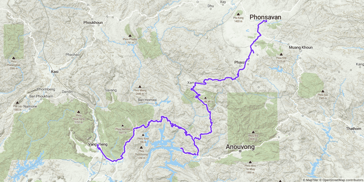 Day 5: Phonsavan → Vang Vieng. The big dirt-bike day. Rendered as one polyline but we logged it as two GPX files (morning + lunch break).