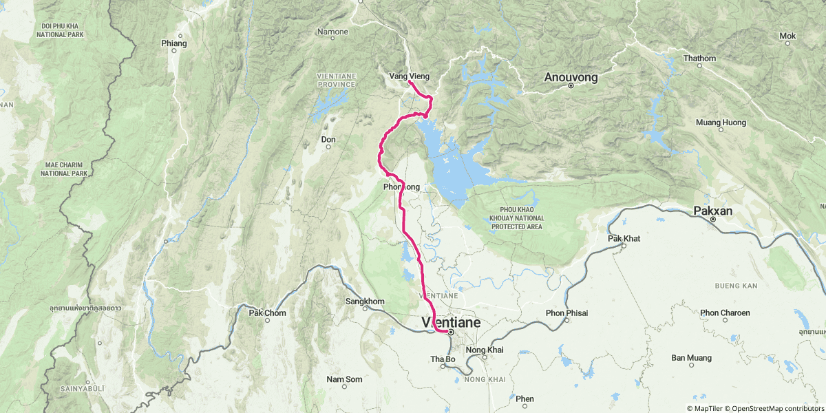 Day 6: Vang Vieng → Vientiane. The shortest day of the trip — mostly Route 13 sealed all the way.