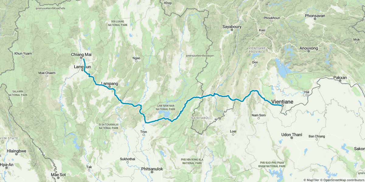 Day 7: Vientiane → Phu Doo border → Chiang Mai. The longest day of the trip on the GPS, but mostly fast tarmac.