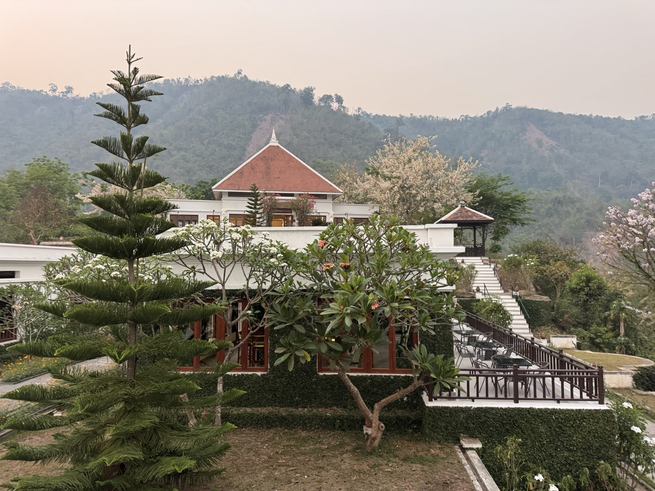 The main building, framed by frangipani.