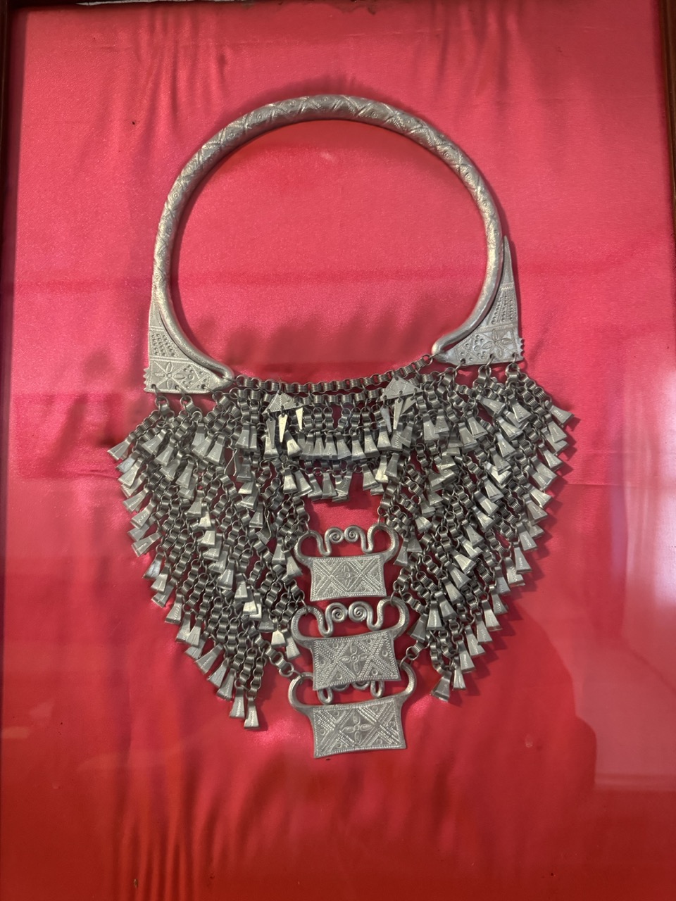 Hmong silver ceremonial necklace, displayed at a craft shop in town. Xieng Khouang province has a large Hmong population.