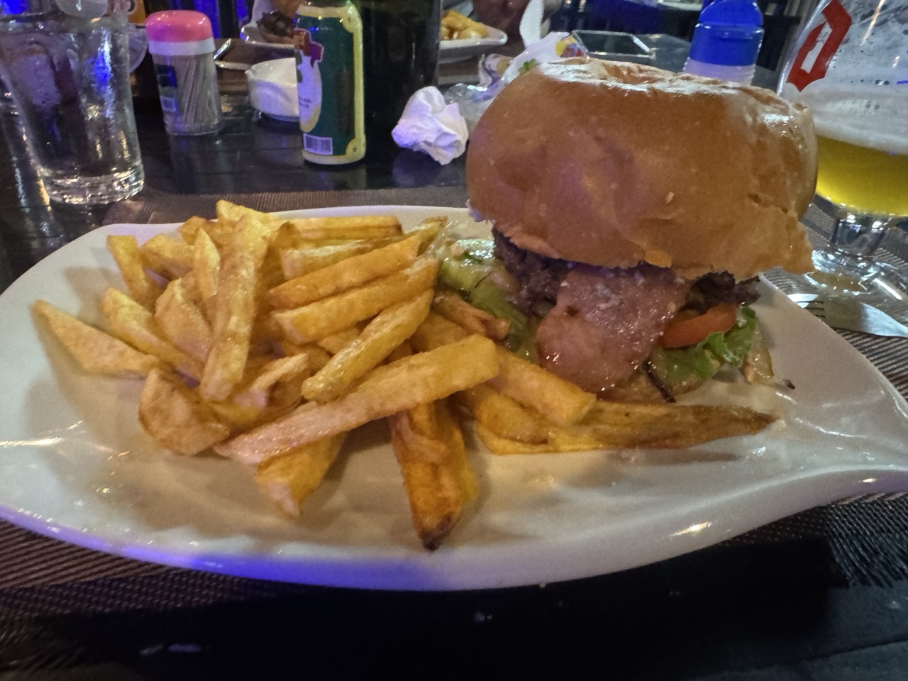 Burger and fries dinner at the hotel restaurant. Earned.