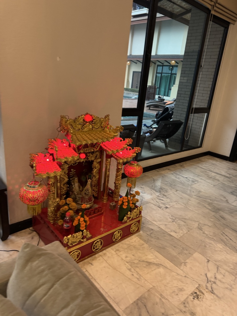 Chinese lantern shrine in the lobby.