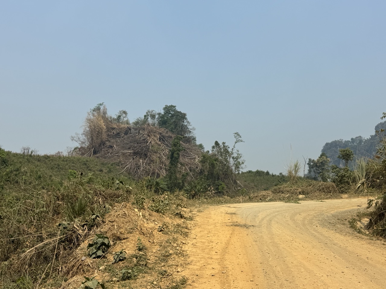 Curve along a deforested hillside. April again — the slopes you can see are the slopes that were burned this year.