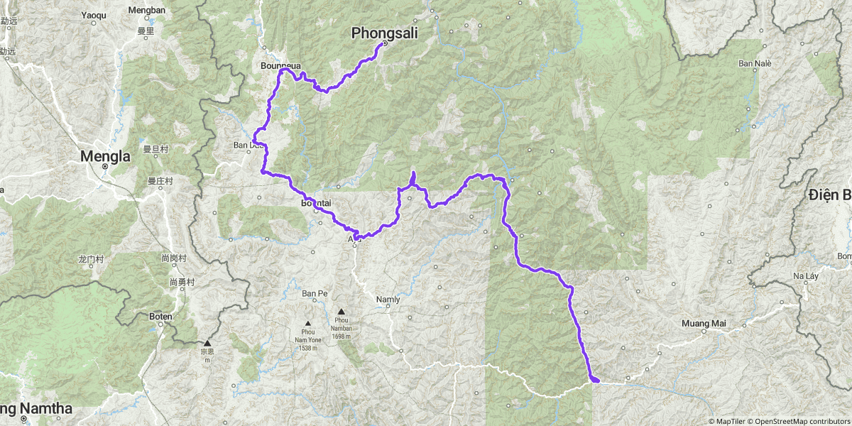 Day 5: dropping south off the Phongsali plateau onto the long mountain pass, then down to the Nam Ou and a ferry into Muang Khua.