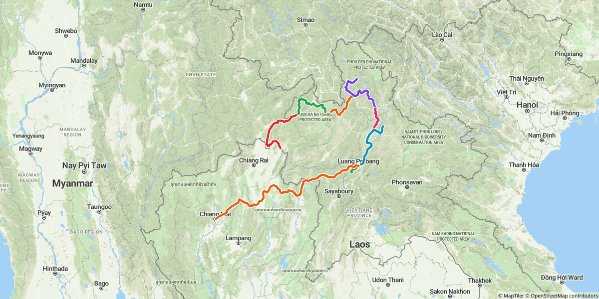 The recorded route — Day 2 (red) up to Day 10 (orange), counter-clockwise around the top of Laos. Days 1 and 9 not shown.
