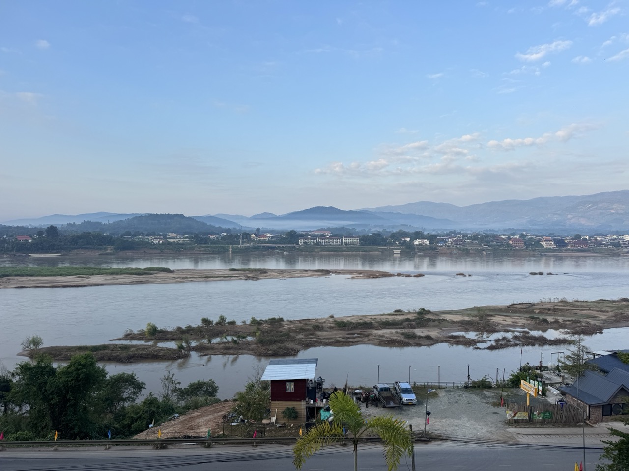 Morning view of the Mekong from Houai Xai, looking back at Thailand. Last clean panorama for a couple of days.