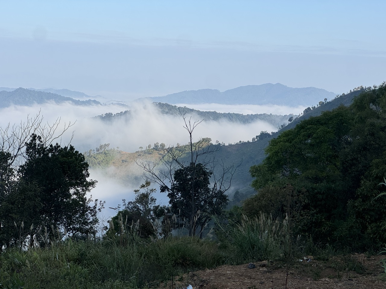 Phongsali from above as the mist starts to clear — the terraced streets and tile roofs that make this town feel more Chinese than Lao.