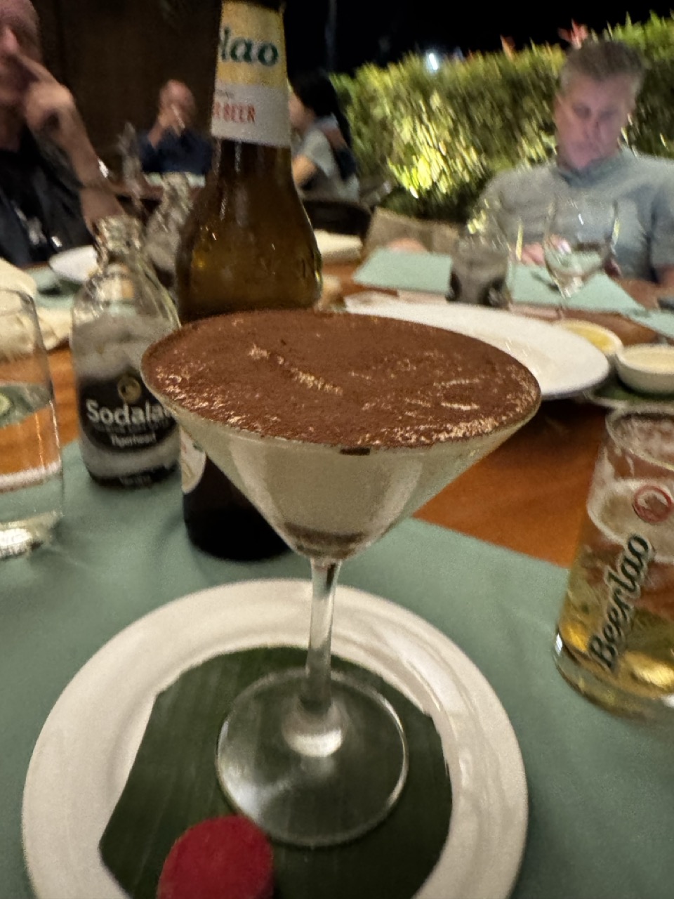Tiramisu in a martini glass at L'Elephant — the kind of small absurdity you appreciate after eight days of guesthouse breakfasts.