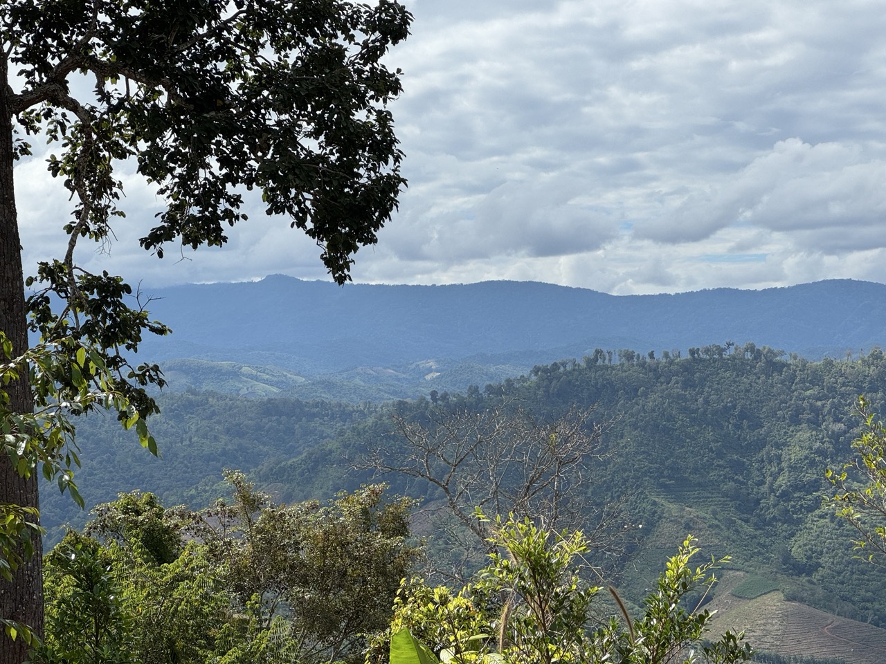Mountain valley vista somewhere above Song Khwae, Nan province — the Thai side of the border, and the moment everything got easier.